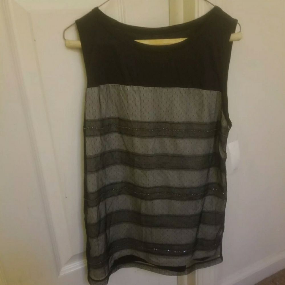 Ann Taylor LOFT Sheer Sequin Striped Sleevless Top Grey and Black size XSmall